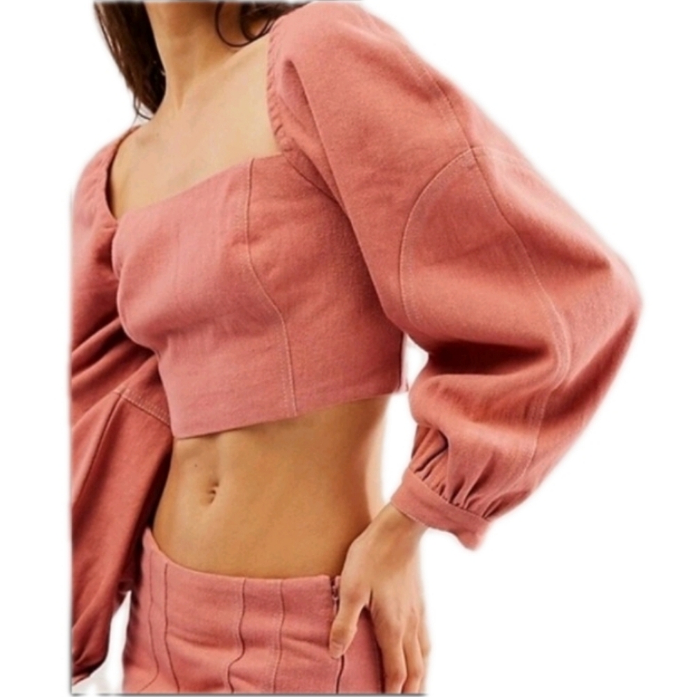 Free People Marley Denim Cropped Smocked Boho Top In Rose/Smoke Size 2